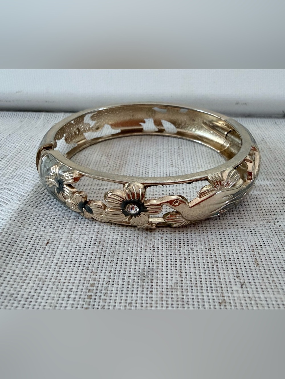 Gold-Tone Hummingbird Floral Hinge Bangle Bracelet